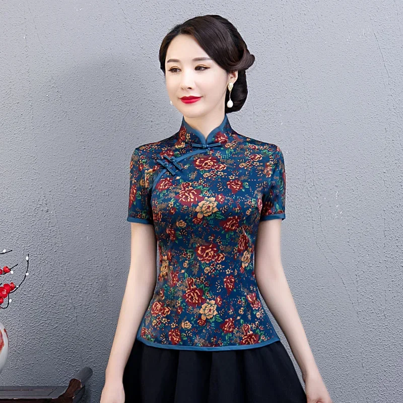 Plus Size Vintage Women Shirt M-5XL Chinese Style Cheongsam Blouse Summer Qipao Dress Mandarin Collar Gown Lady Clothing Vestido