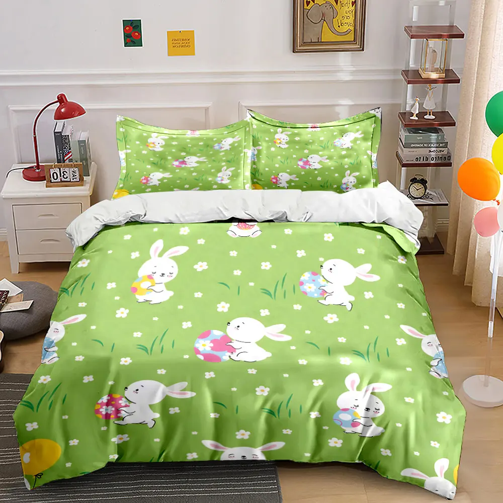 Cute bunnies with eggs on spring pattern Bedding Set for Kids Luxury Gift 3pcs Digital Print Comforter Set Soft Comfortable