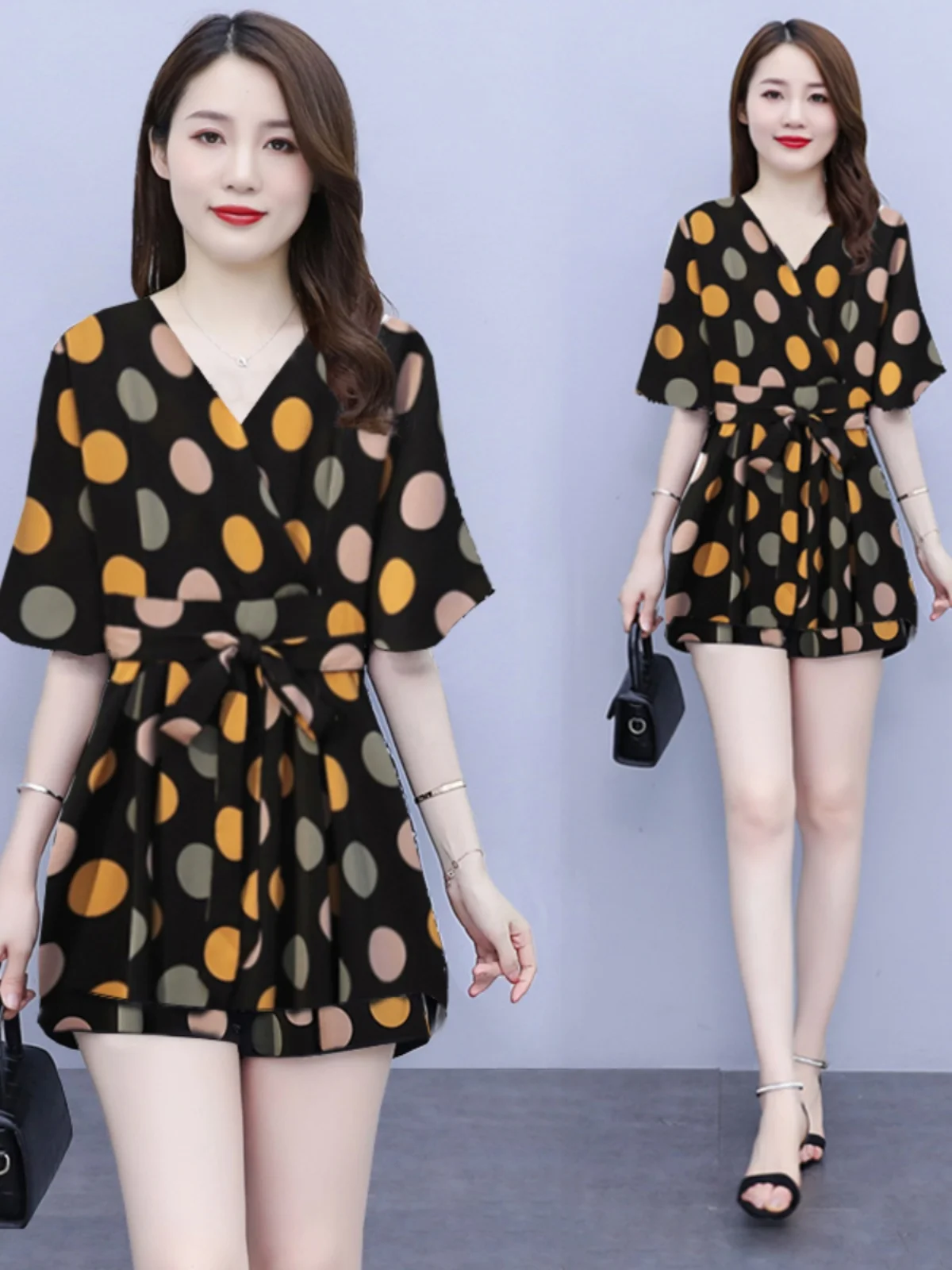 plus Size Women's Fashionable Summer Outfit Short Sleeve Chiffon Dress Slimming Top And Shorts Set for Plump MM Polyester Fabric - view 5