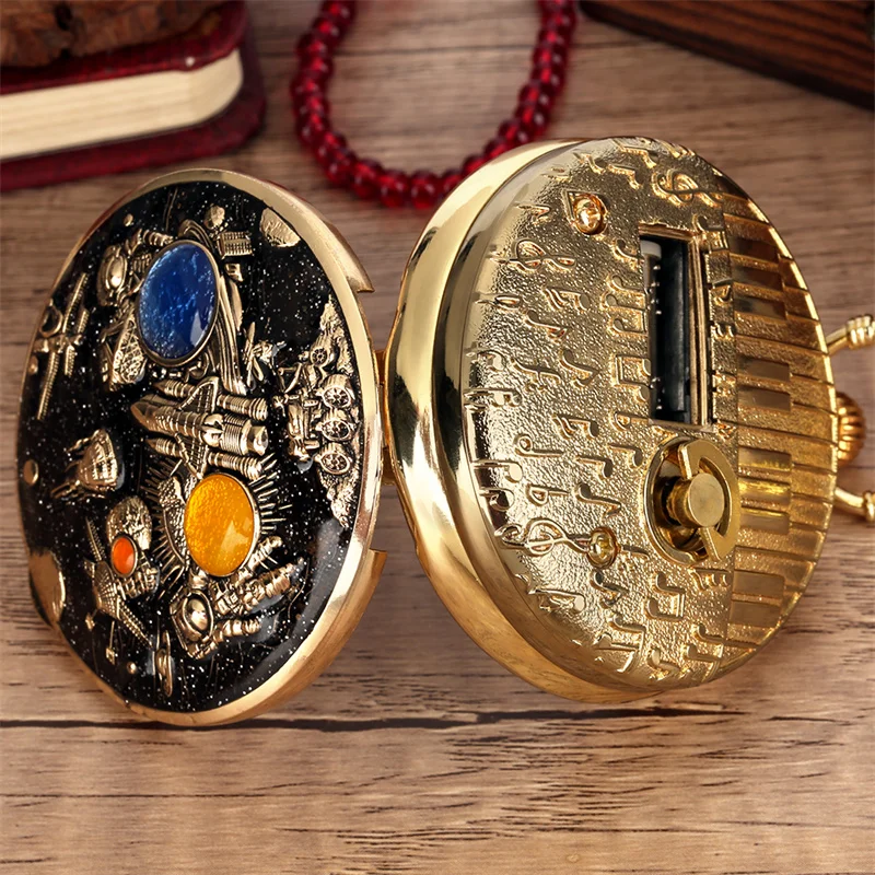 Steampunk-Stil Weltraum-Astronaut Musikalische Quarz-Taschenuhr mit Melodie aus dem Film „Castle in the Sky“, neuartige Zeitmesser mit Anhängerkette – Detail 6
