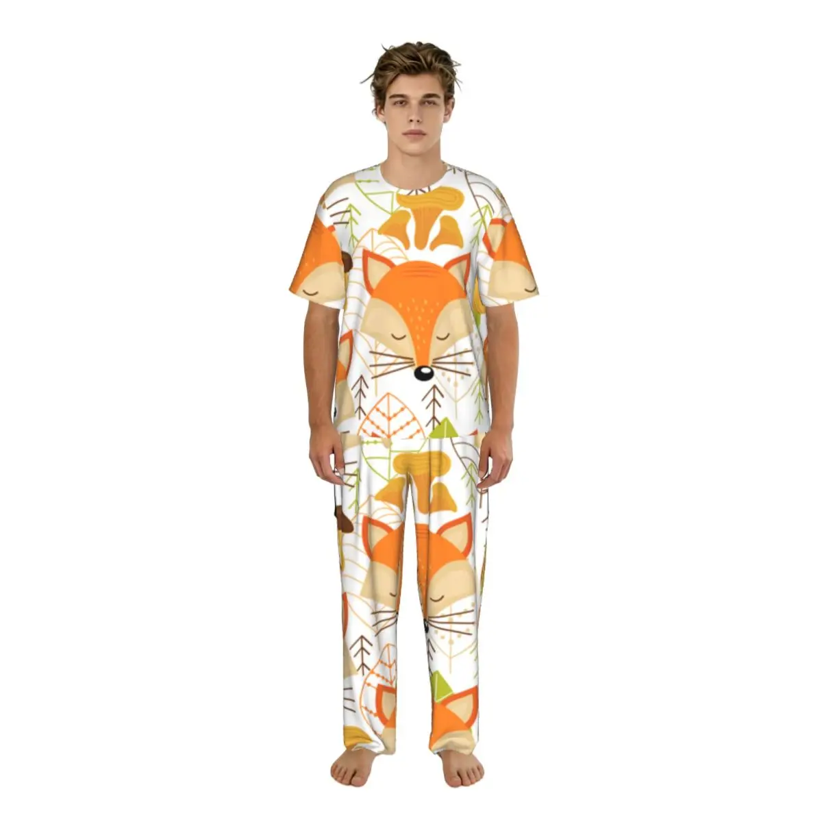 Sleepwear Summer Spring Home Clothes Fox Faces Short Sleeve Long Pant Nightwear