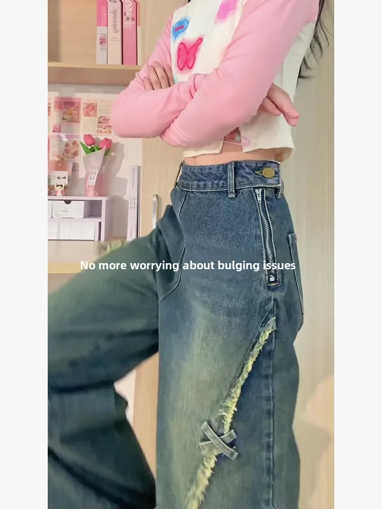 Hochgeschnittene Jeans mit Seitenreißverschluss und Stickerei für Damen, Frühling-Herbst Bodenlange Weite Hose im Amerikanischen High-Street-Stil