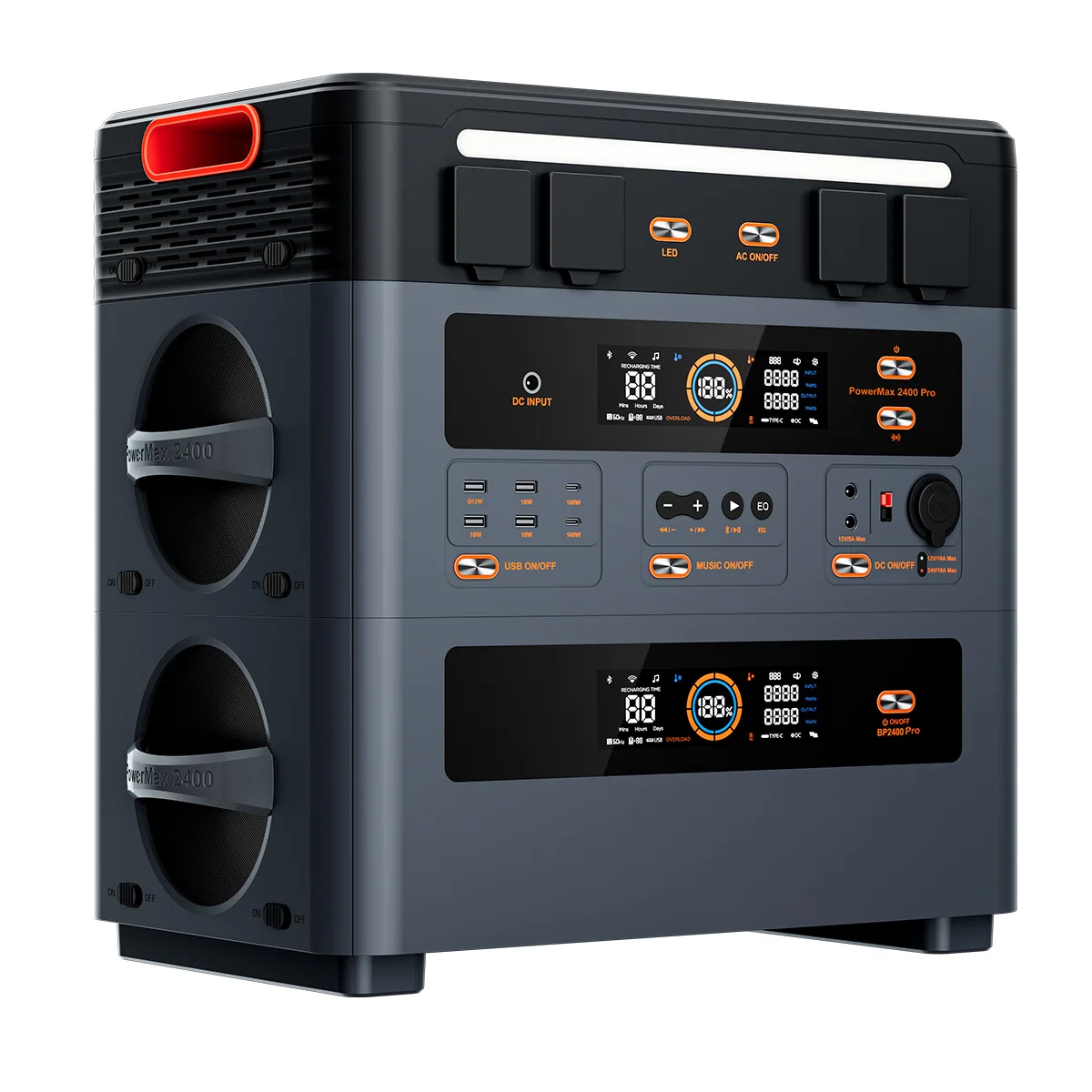 OSCAL PowerMax 2400 Pro Draagbare Powerstation 2400W Zonnegenerator met Luidsprekers 16 Uitgangen 2 Draadloze Oplaadpads+ DP 100W LFP 2016Wh Voor Noodgevallen Thuis, Kamperen, Camper, Off-Grid,