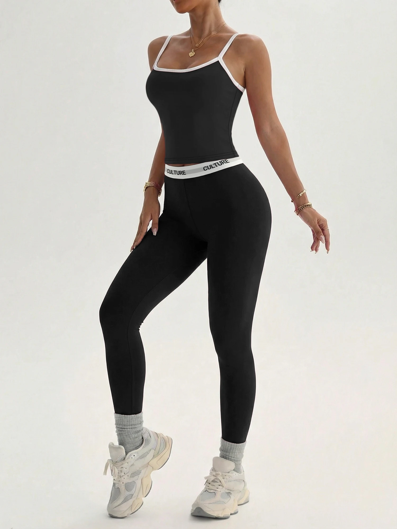Street Casual Two‑Piece Loungewear Set, Cropped Cami Tank Top, Letter Print High Waist Leggings, for Spring Summer Daily Jogging
