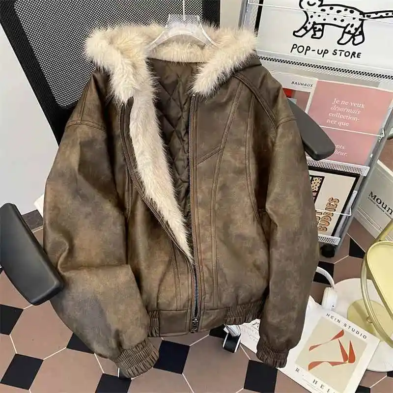 

Heavyweight Leather Jacket Cotton Puffer Coat Men's Winter Hooded Washed Vintage Warmth Outerwear Casual Youth Fashion