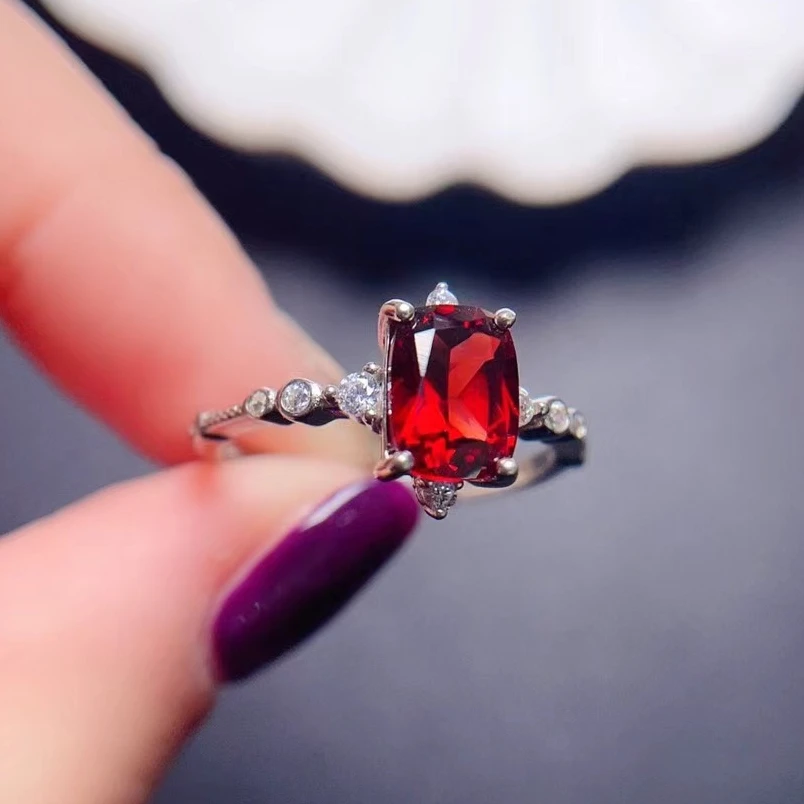 

1.2ct Natural Garnet Ring for Women 6mm*8mm VVS Grade Genuine Garnet 925 Sivler Ring with Thick 18K Gold Plating