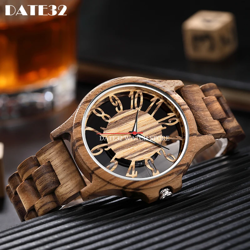 Natural Bamboo Wood Watch for Men Full-Wooden Hollow Case Band Watches Man Quartz Wristwatch Real Wooden Men Clock Male Reloj