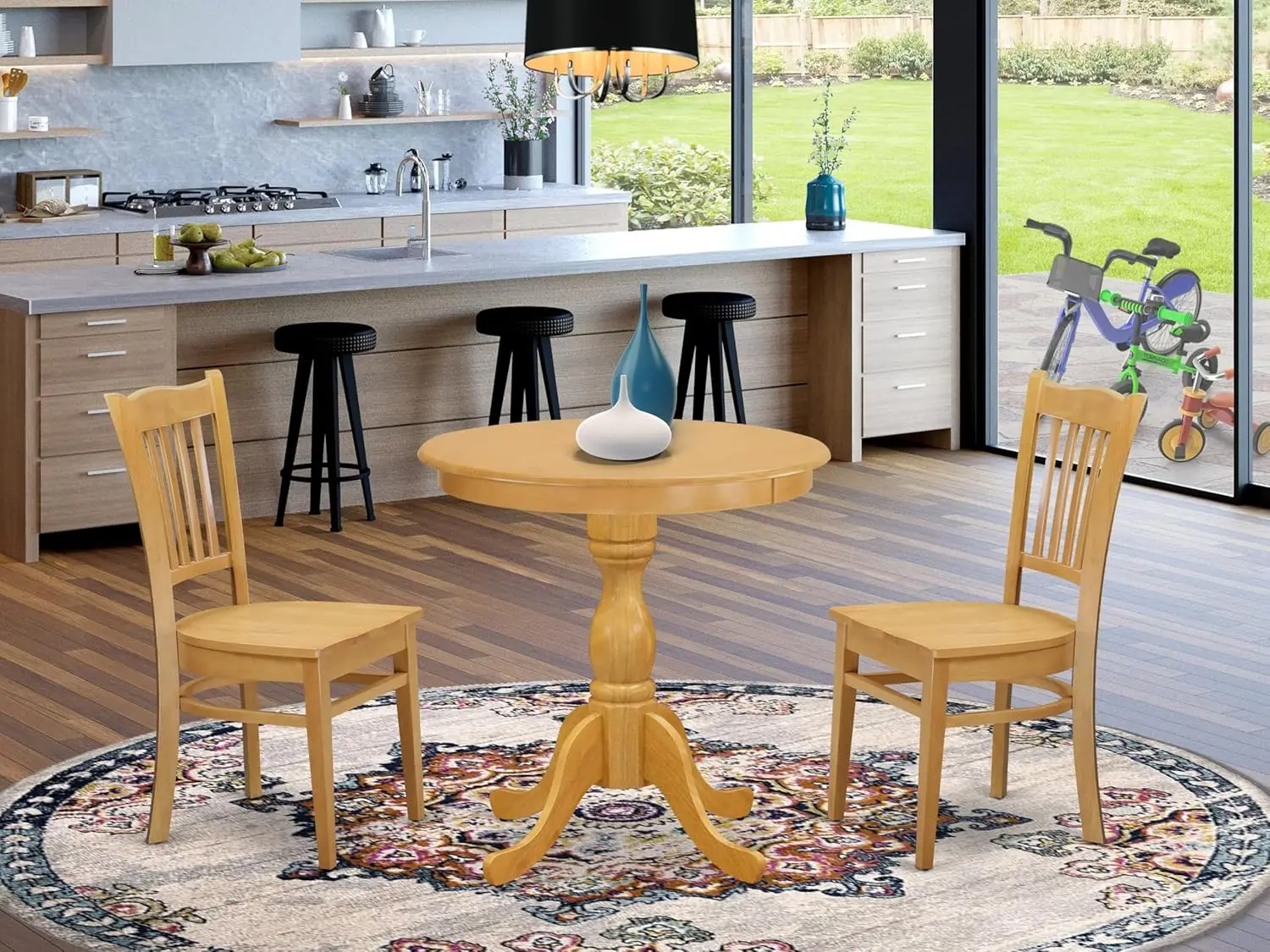 ESGR3-OAK-W Eden 3 Piece Room Furniture Set Contains a Round Kitchen Table with Pedestal and 2 Dining Chairs, 30x30 Inch