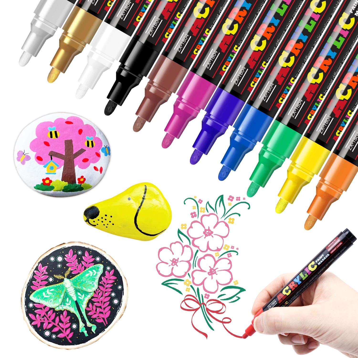 12/18/24 Farben Acryl-Marker-Set, mittlere Spitze (2-3mm), geeignet für Steinmalerei, schwarzes Papier und Skateboard-Dekoration – Detail 6