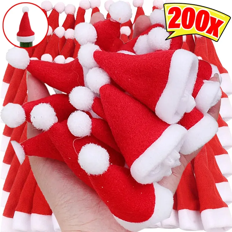 Mini sombrero de Papá Noel de terciopelo para botellas de vino, tapas de piruleta, soporte para vajilla de Navidad, sombreros, decoración de mesa para cena y fiesta de Navidad, 200/2 Uds.