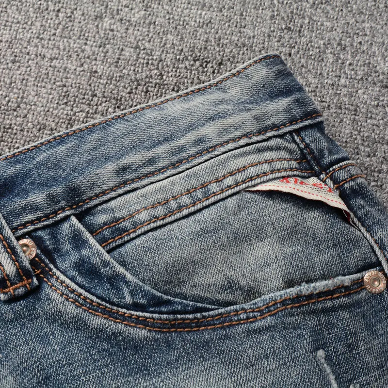 Fashion Designer Men Jeans High Quality Retro Washed Blue Stretch Slim Fit Ripped Jeans Men Trousers Vintage Denim Pants Hombre