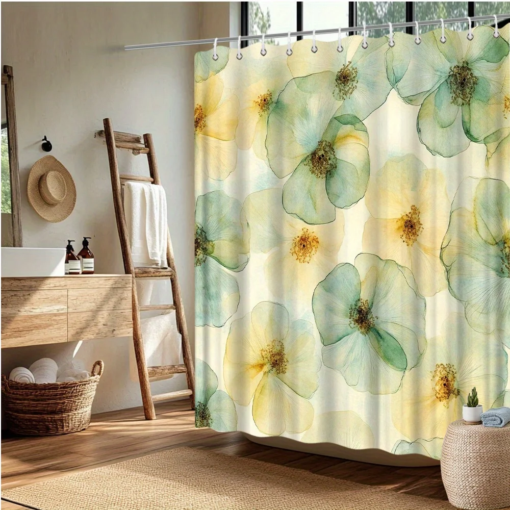 

Floral Shower Curtain, Watercolor Soft Yellow & Green Flowers, High-Quality Polyester, Fade-Resistant, Stylish Bath Accessory