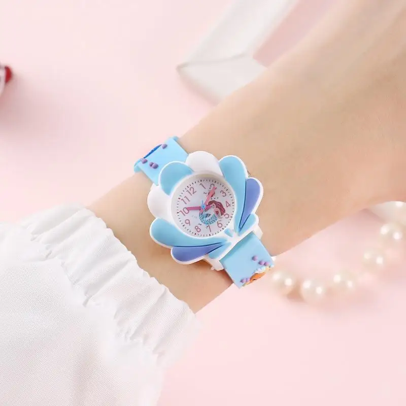 Children's Cartoon Mermaid Shell Watch Girls Cute 3d Pattern PVC Soft Glue Skin-friendly Children's Learning Table Quartz Watch
