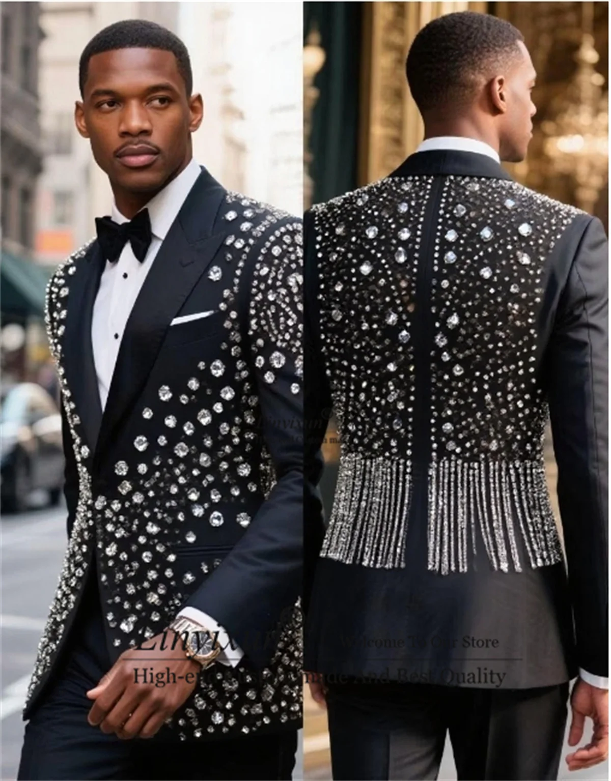 

GlitterJewel Ornament Men Suit 2 Pieces Sets Groom Male Blazers Customized Slim Fit Wedding Tuxedos Peaked Lapel Ropa hombre
