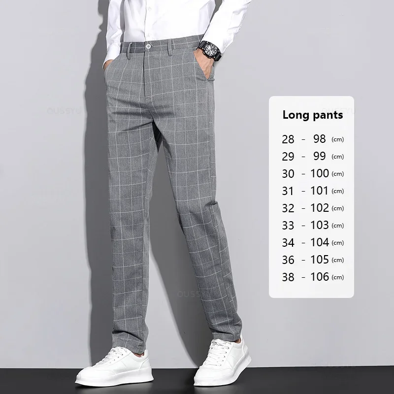 

High Quality Plaid Stripe Ankle Length Pants Men Business Long Length Pant Straight Korea Grey Black Suit Formal Trousers Male