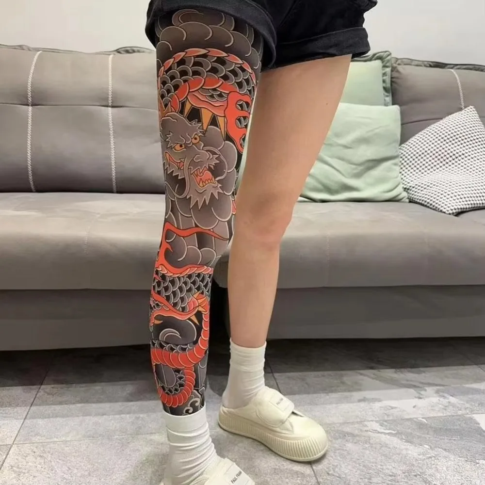 

New Full Leg Fake Tattoo Socks Printed Tights Sun-proof Fishing Elastic Socks Japanese Cycling Sexy Stockings Unisex