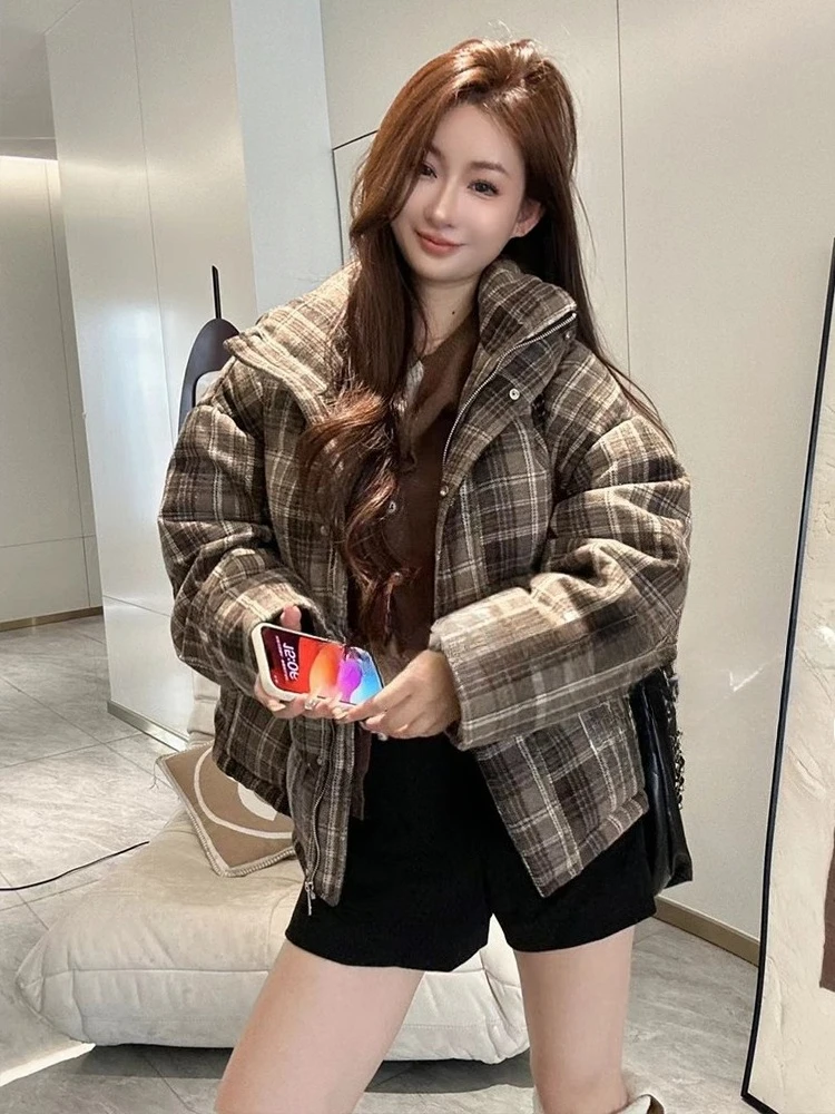 النسخة الكورية منقوشة الوقوف طوق أسفل سترة المرأة فضفاضة وسميكة كسول ريترو ستايل موضة سترة بيضاء أسفل البط