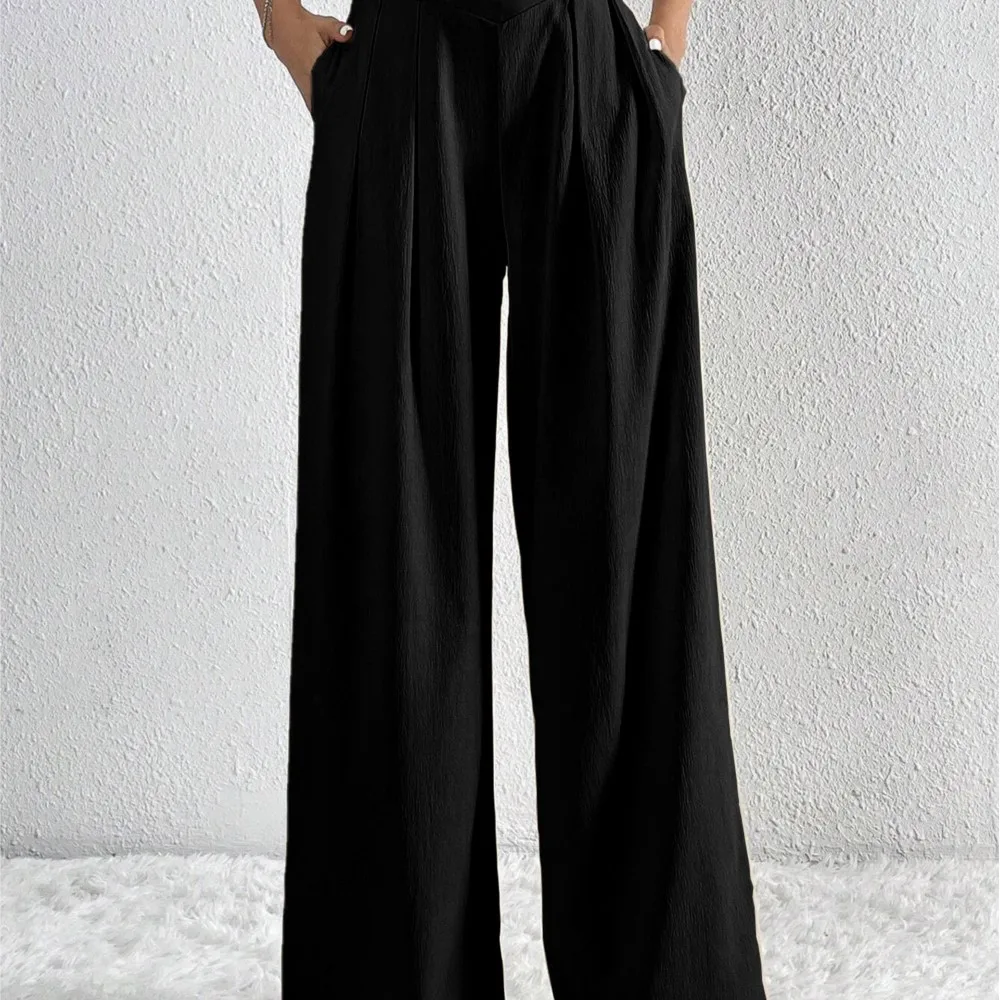 Pleated Casual Wide-leg Pants Spring Autumn New Women's Commuter Style Pocket Loose Solid Color Trousers Pantalones De Mujer