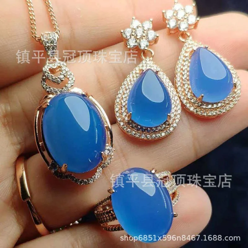 

High Rose Gold Inlaid Blue Chalcedony Drop Snowflake Agate Earrings Ring Three-Piece Set