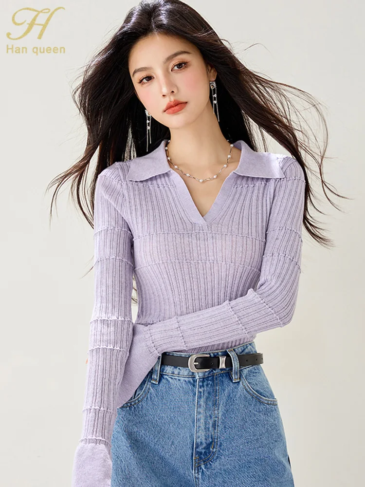 

H Han Queen Autumn Flare Sleeve Elastic Pullover Knitted Tops Vintage Simple Slim Casual Simple Basics Pullover Women Sweaters