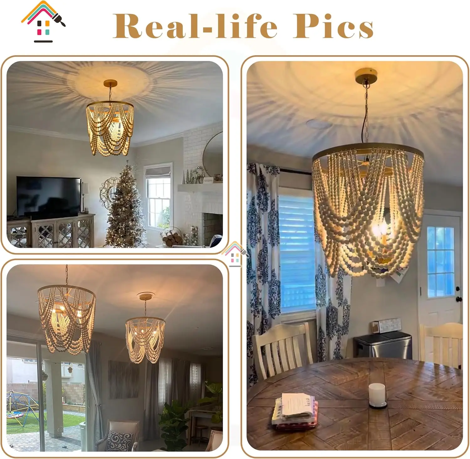 Boho Wood Beaded Chandelier with 5 Lights in Gold and Oak Finish for Dining, Living, Bedroom view 2