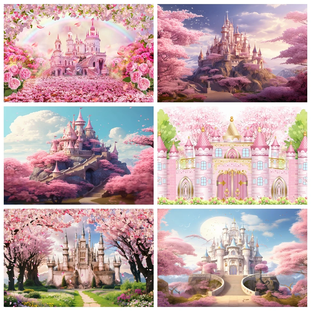 Spring Castle Floral Sea Photography Backdrop Wonderland Park Pink Castle Flower Princess Baby Birthday Wedding Photo Background