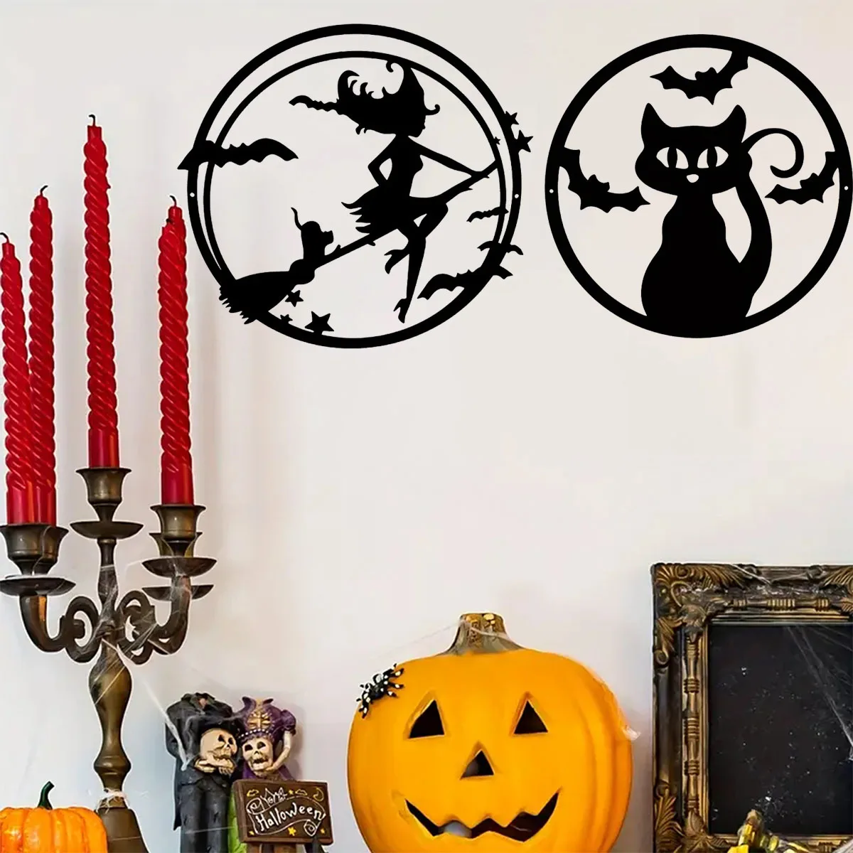 

Metal Wall Decoration: Enchanting Halloween Witch, Cat, Bat, and Castle Pattern Frameless Pendant.Magical Iron Art Wall Ornament