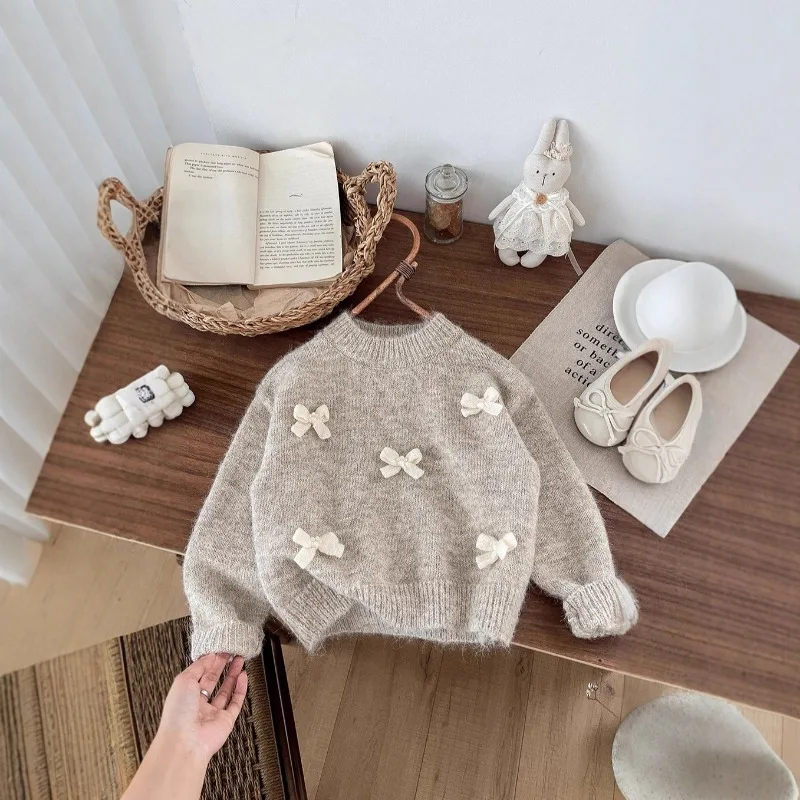 

Girls' Bow Sweater Korean Autumn Outfit 2025 New Style Baby Girl's Western-style Knitted Sweater Knitted Top Autumn and Winter