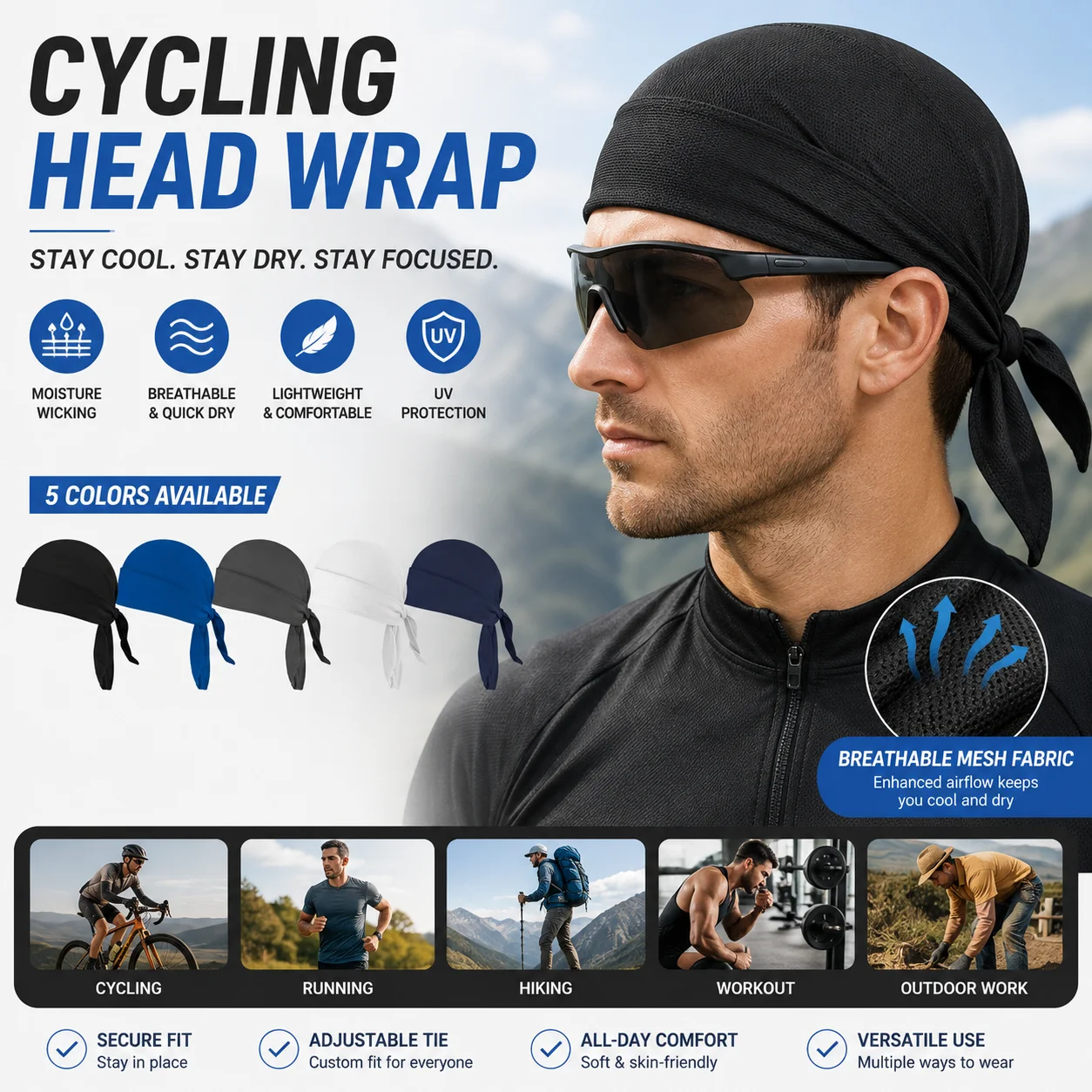 Cycling Headband Sweat Wicking Bike Bandana Quick Dry Sun Protection Head Scarf Breathable Face Mask for Running Outdoor Sports