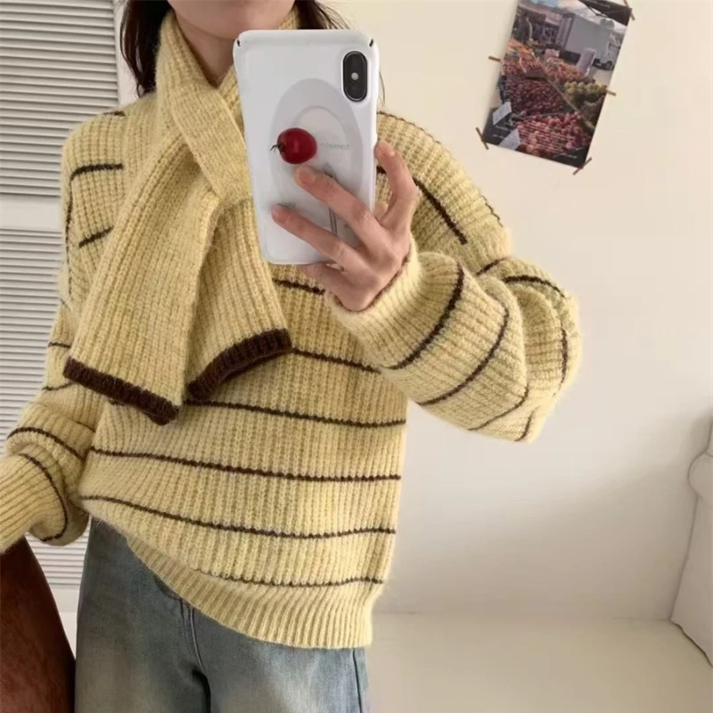 

Autumn Fashion Stripe V-neck Sweater With Warm knitted scarf Women Long Sleeve Pollover Sweater Elegant Loose Knitted Top
