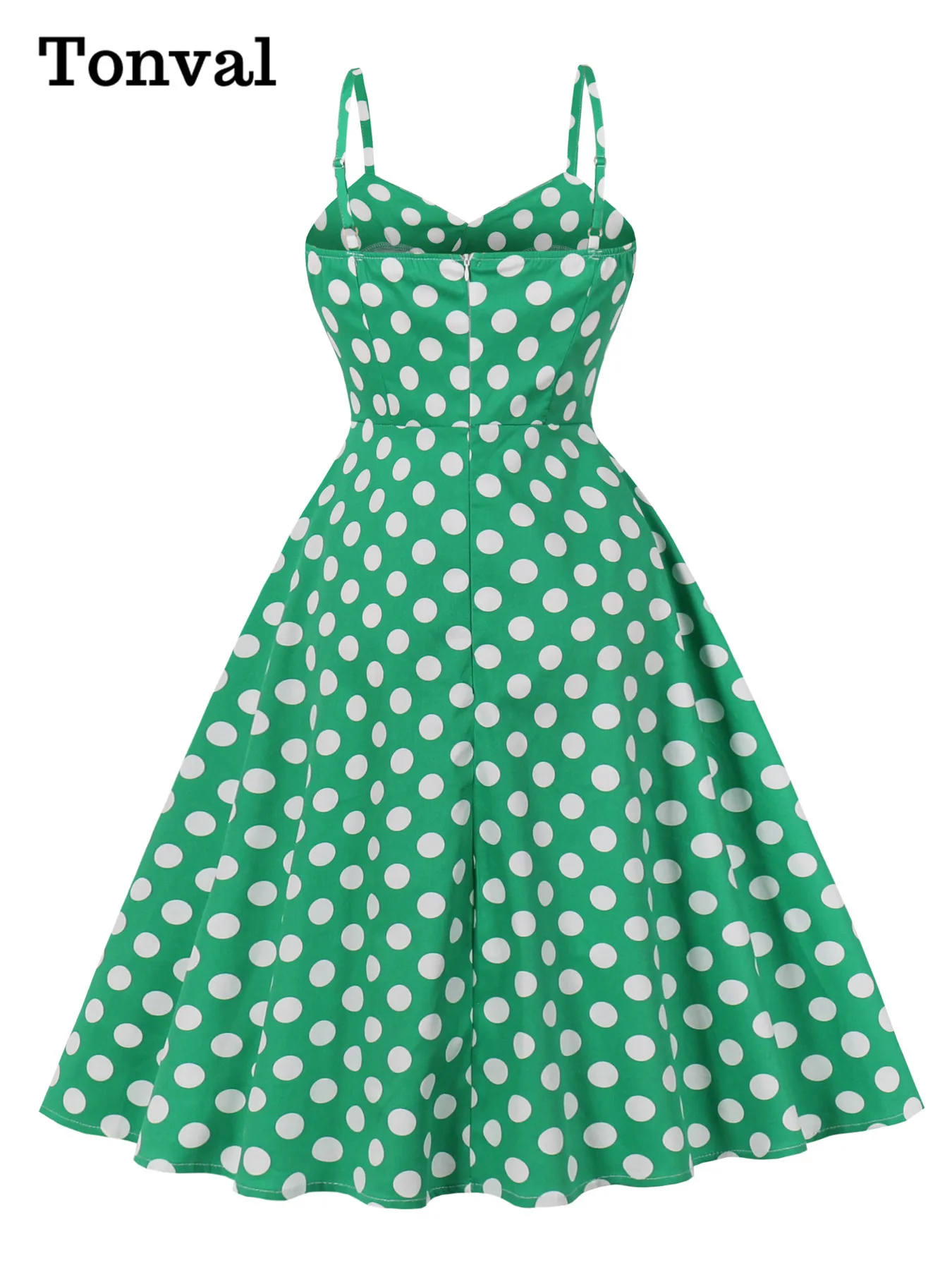 Tonval Abiti vintage anni '50 con cinturino per spaghetti a pois per le donne Abiti da festa Abito in cotone verde svasato e vestibilità senza schienale