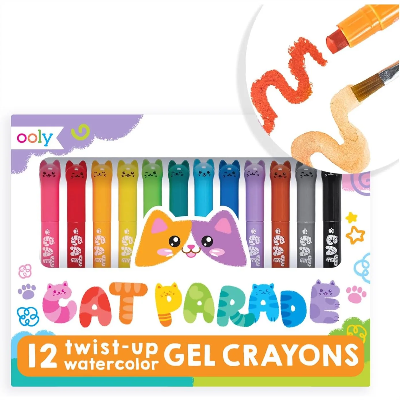 

12 Gel Crayons for Kids & Adults - Rainbow Colors for Glass and Paper with Cat-Shaped Twist-Up Caps, Smooth Gliding