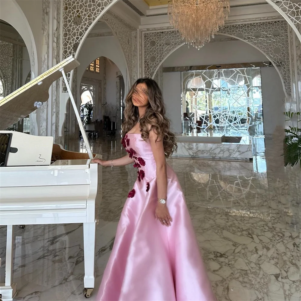 Sansa Elegant Pink Sleeveless Prom Dress Square Collar A-line Appliques vestidos de fiesta Satin Floor-Length 2024 فساتين سهرة