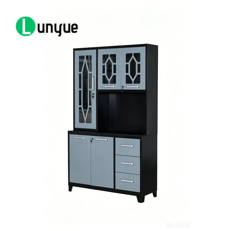 Modern Cold Rolled Steel Kitchen Locker Freestanding Side Cabinet with Glass Door Drawer Large Capacity Pulley Eco Friendly