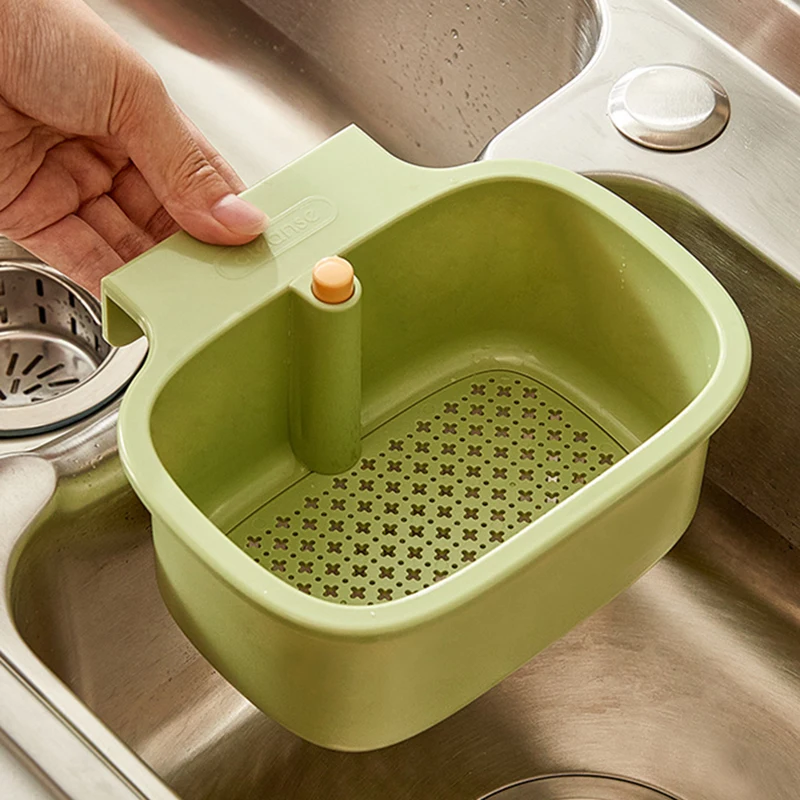 Kitchen Drain Basket Square Shape Sink Hanging Filter Adjustable Automatic Dumping Basket Sponge Brush Fruit Vegetable Rack