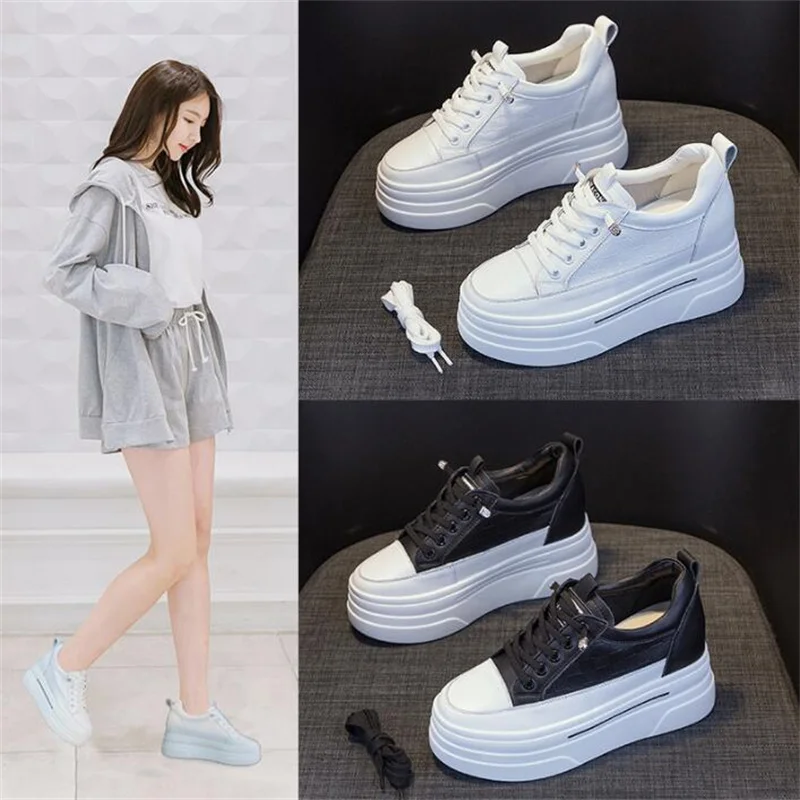 Women Platform 7CM Full Cow Genuine Leather Sneakers Wedge White High Heel Women Casual Shoe Black Chunky Sneakers Spring Autumn