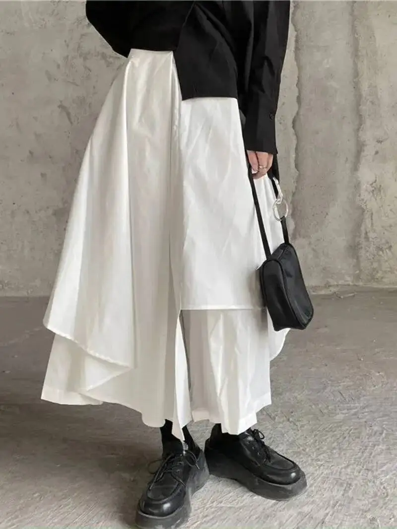 Women Black Skirts Gothic Irregular High Waist Pleated Skirt Pants For Women Vintage Cargo Skirts Female Clothes Ladies W9O8