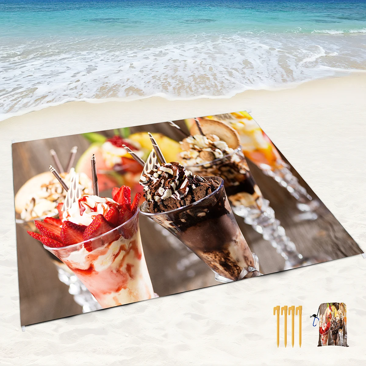 Sweet Refreshing Ice Cream Sand Proof Beach Blankets Sand Proof Mat with Corner Pockets and Mesh Bag for Beach,Travel,Camping