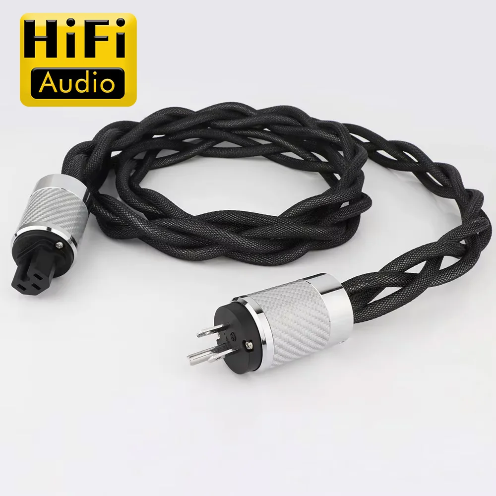 High-end 3 Strand Silver Plated 5N OCC Braided AC Main Power Wire with Carbon Fibre EU/US/UK Version Power Connector for Speaker