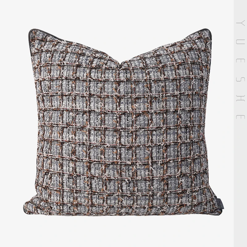 Luxury modern sofa pillow, living room model room sofa pillow, brown wool tweed plaid cushion