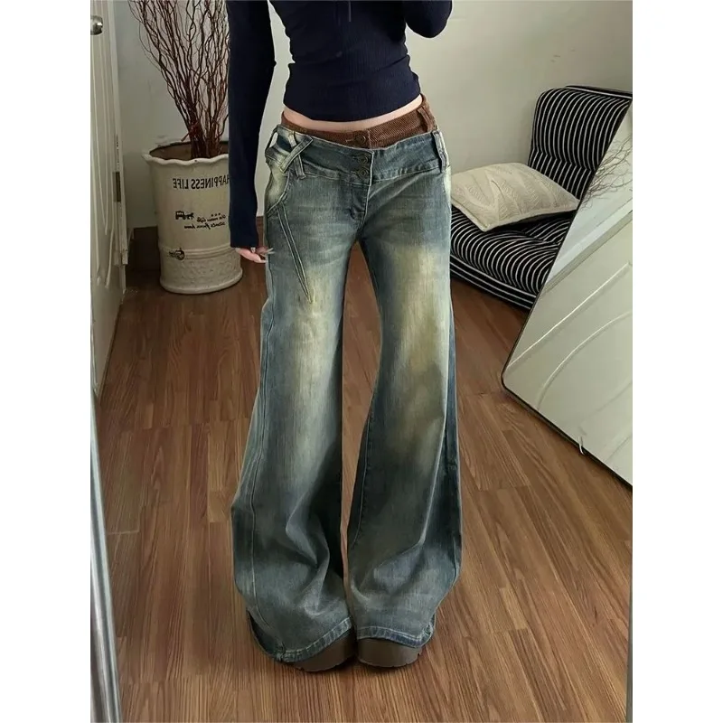 Women's Spring Summer American Asymmetrical Double Waist Patchwork Jeans Vintage Washed Slim Micro Flare Edgy Denim Pants