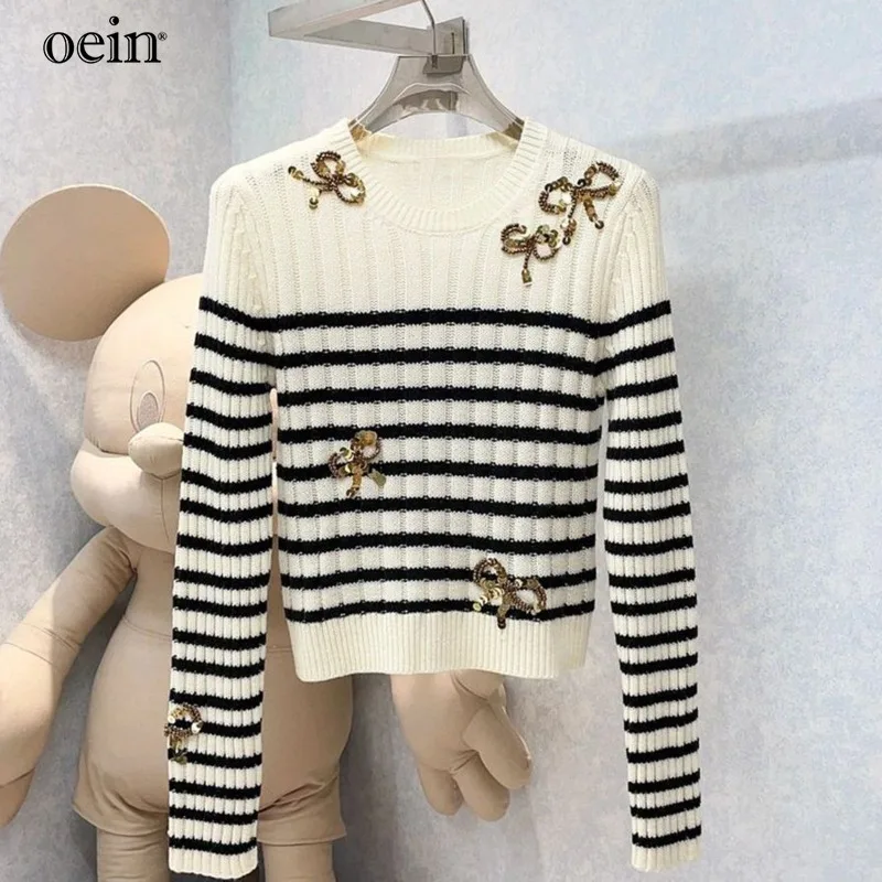 [oein]2025 Early Autumn New Pullover Sweater With Nail Beads, Bow Tie, Knitted Sweater, Striped Sweet And Versatile Wool