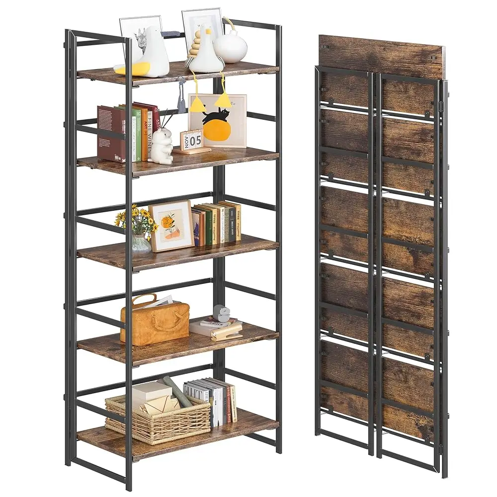 5 Tiers No Assembly Book Shelves, Bla Folding Bookshelf Bookcase Open Industrial Foldable Shelves For Bedroom, Living Room,