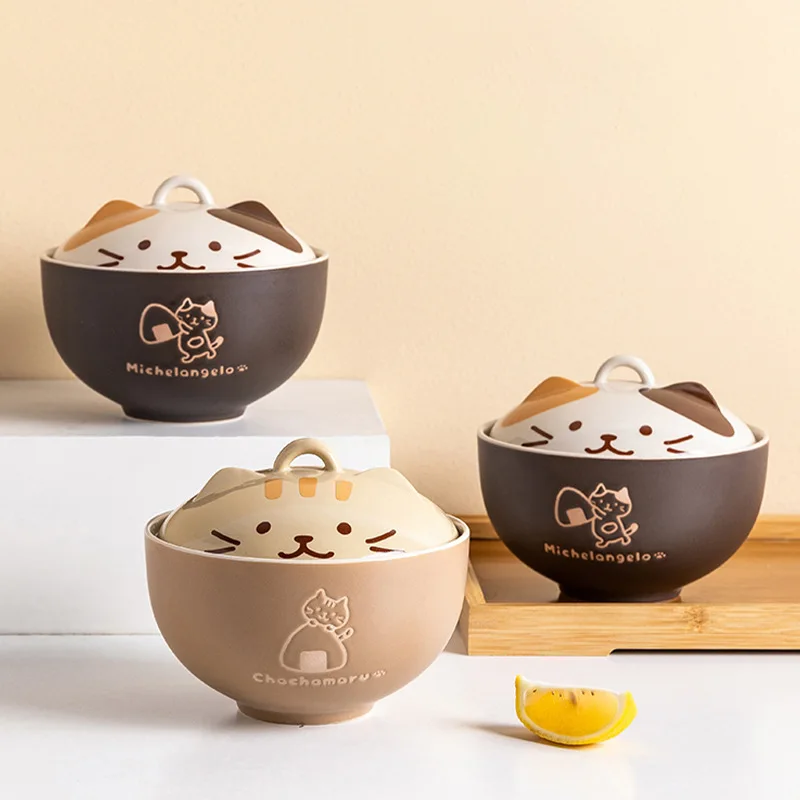 Japanese Tableware Cute Cat Ceramic Bowl Large Capacity Lid Bowl Personalized Home Soup Bowl Student Instant Noodle Bowl