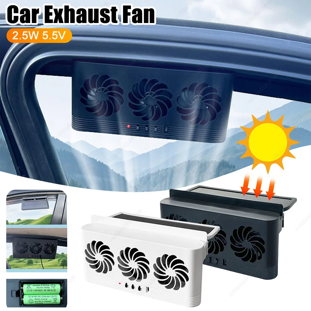 Solar Powered Car Exhaust Fan with 3 Air Outlets Auto Window Radiator Exhaust Fan Air Vent Fan Ventilation Radiator for Outdoor