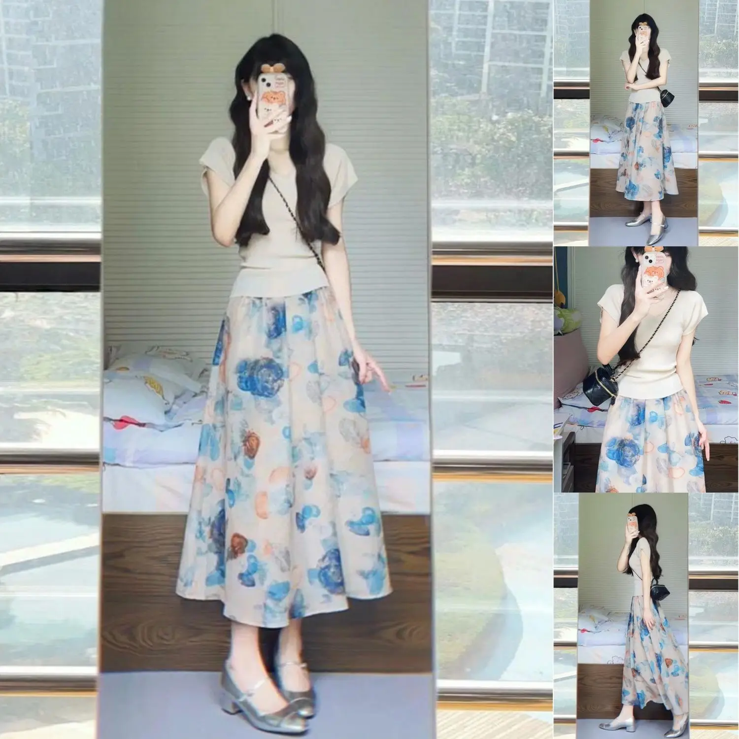 Summer Fashion Versatile Charm Goddess Style High end Celebrity Small Fragrant Top Fragmented Flower Half Skirt Two Piece Set