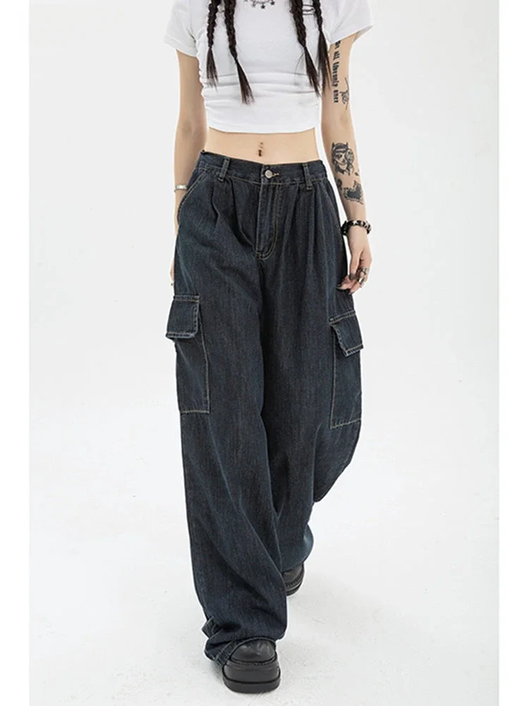 

Autumn Women Harajuku Cargo Baggy Blue Jeans Streetwear Hip Hop Oversize Casual Wide Leg Vintage Demin Pants Loose Trousers