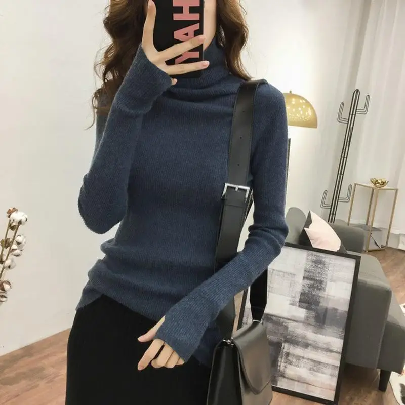 Turtleneck Slim Solid Color Bottoming Shirt Women Autumn Winter Simplicity Sweter z długim rękawem All-match Office Lady Knitwear