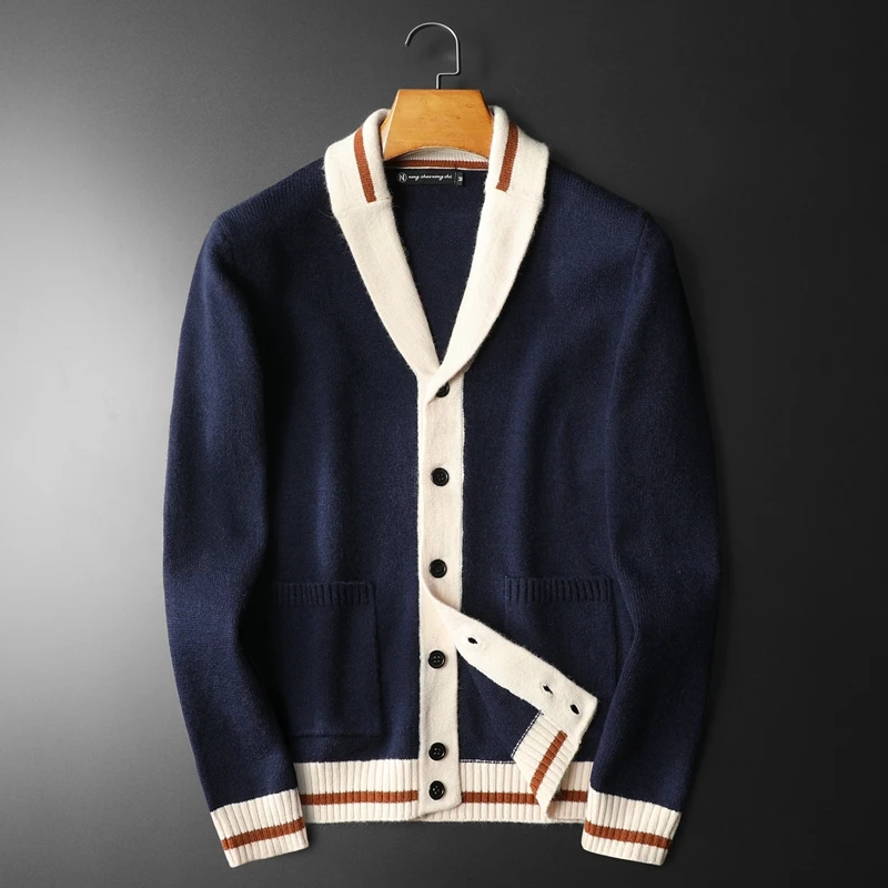 European men's cardigan 2024 autumn and winter new knitted sweater large size V-neck color matching casual trendy jacket