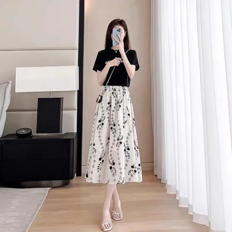 Women High Waist Black White Floral Chain Print Midi Skirt A Line Flared Skirt Casual Daily Wear